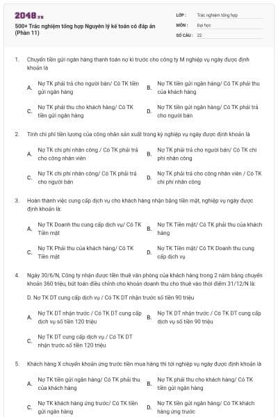 500+ Trắc nghiệm tổng hợp Nguyên lý kế toán có đáp án (Phần 11)
