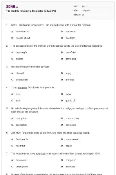 100 câu trắc nghiệm Từ đồng nghĩa cơ bản (P2)