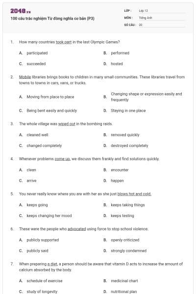 100 câu trắc nghiệm Từ đồng nghĩa cơ bản (P3)