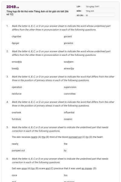 Tổng hợp đề thi thử môn Tiếng Anh có lời giải chi tiết (Đề số 12)
