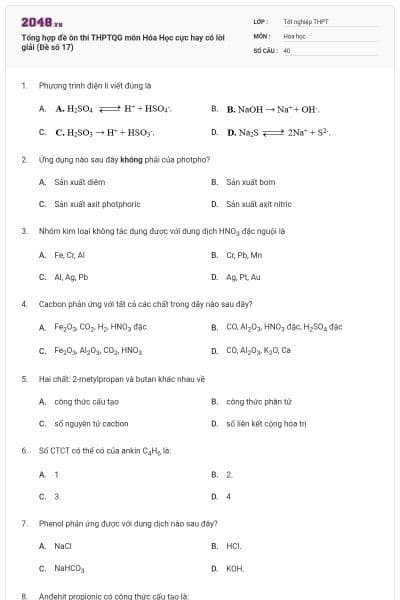 Tổng hợp đề ôn thi THPTQG môn Hóa Học cực hay có lời giải (Đề số 17)