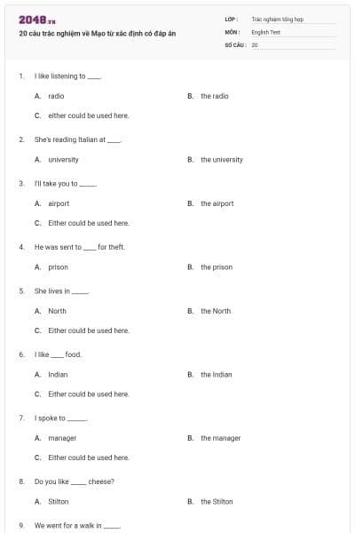 20 câu trắc nghiệm về Mạo từ xác định có đáp án