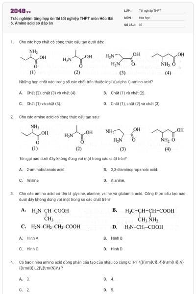 Trắc nghiệm tổng hợp ôn thi tốt nghiệp THPT môn Hóa Bài 6. Amino acid có đáp án
