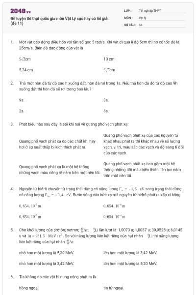 Đề luyện thi thpt quốc gia môn Vật Lý cực hay có lời giải (đề 11)