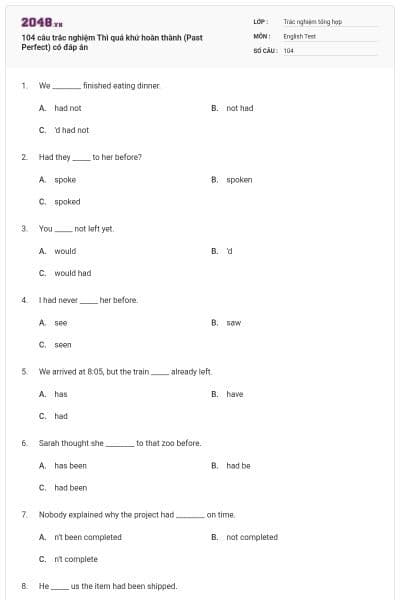 104 câu trắc nghiệm Thì quá khứ hoàn thành (Past Perfect) có đáp án