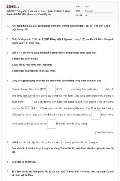 Giải VBT Tiếng Việt 5 Kết nối tri thức - Tuần 13 Bài 23: Giới thiệu sách Dế Mèn phiêu lưu kí có đáp án