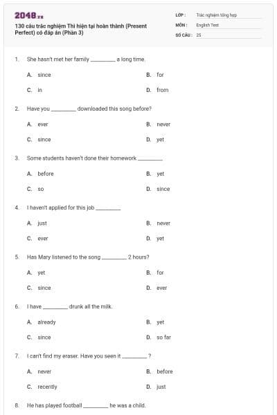 130 câu trắc nghiệm Thì hiện tại hoàn thành (Present Perfect) có đáp án (Phần 3)