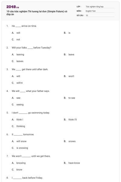 10 câu trắc nghiệm Thì tương lai đơn (Simple Future) có đáp án