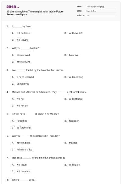 10 câu trắc nghiệm Thì tương lai hoàn thành (Future Perfect) có đáp án