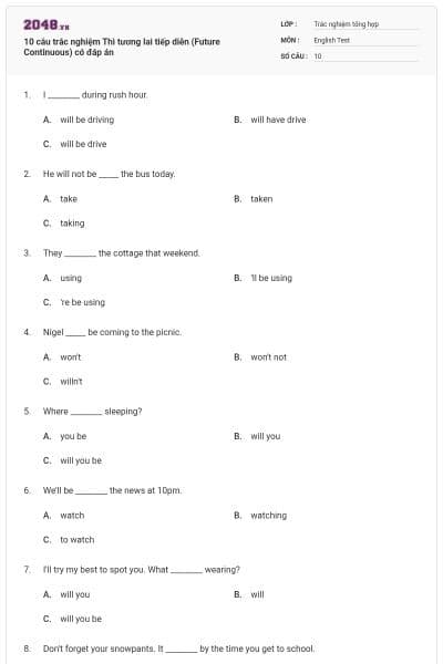 10 câu trắc nghiệm Thì tương lai tiếp diễn (Future Continuous) có đáp án