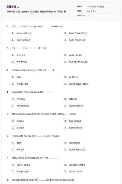 100 câu trắc nghiệm Câu điều kiện có đáp án (Phần 3)