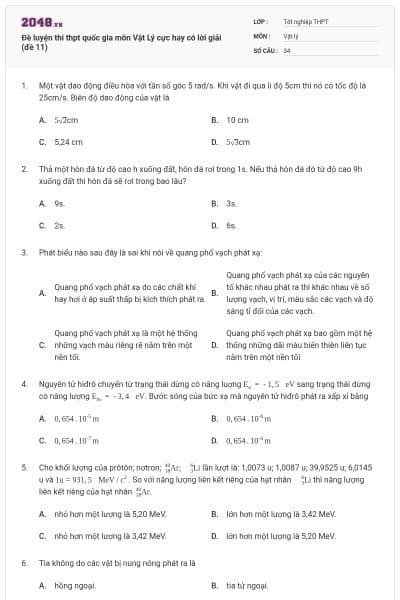 Đề luyện thi thpt quốc gia môn Vật Lý cực hay có lời giải (đề 11)