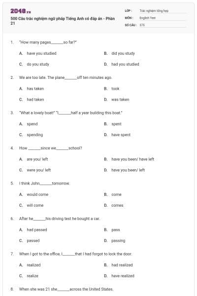 500 Câu trắc nghiệm ngữ pháp Tiếng Anh có đáp án - Phần 21