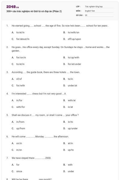 300+ câu trắc nghiệm về Giới từ có đáp án (Phần 2)