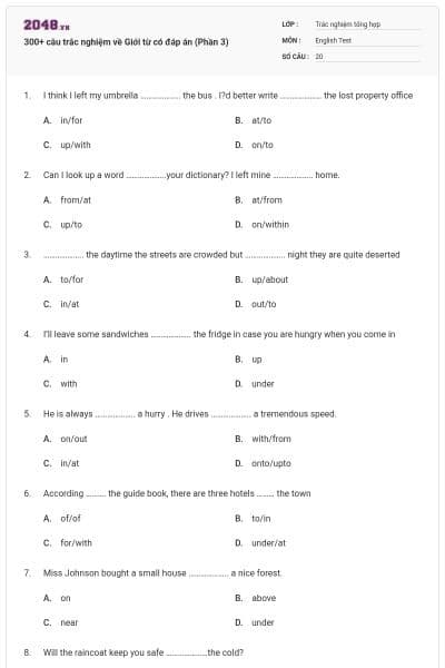 300+ câu trắc nghiệm về Giới từ có đáp án (Phần 3)