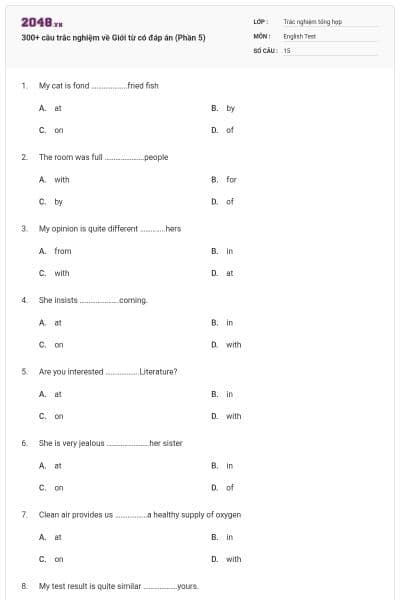 300+ câu trắc nghiệm về Giới từ có đáp án (Phần 5)