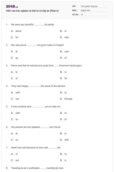 300+ câu trắc nghiệm về Giới từ có đáp án (Phần 6)
