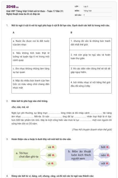 Giải VBT Tiếng Việt 5 Kết nối tri thức - Tuần 17 Bài 31: Nghệ thuật múa ba lê có đáp án