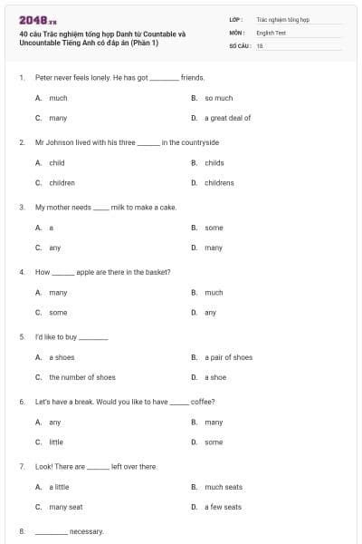 40 câu Trắc nghiệm tổng hợp Danh từ Countable và Uncountable Tiếng Anh có đáp án (Phần 1)