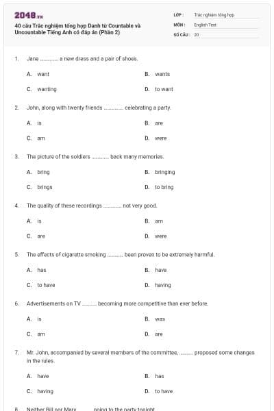 40 câu Trắc nghiệm tổng hợp Danh từ Countable và Uncountable Tiếng Anh có đáp án (Phần 2)