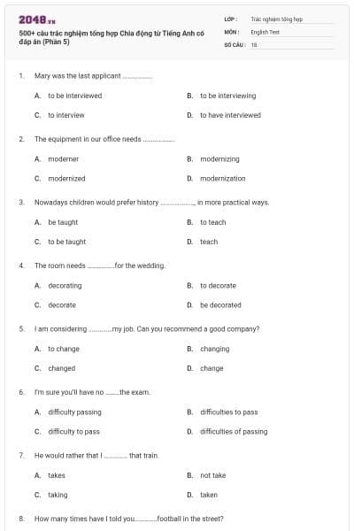 500+ câu trắc nghiệm tổng hợp Chia động từ Tiếng Anh có đáp án (Phần 5)