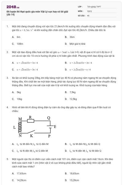 Đề luyện thi thpt quốc gia môn Vật Lý cực hay có lời giải (đề 14)