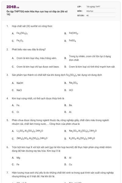 Ôn tập THPTGQ môn Hóa Học cực hay có đáp án (Đề số 16)