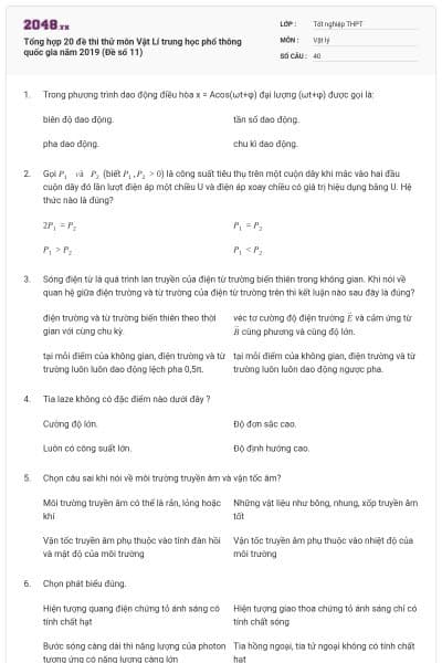 Tổng hợp 20 đề thi thử môn Vật Lí trung học phổ thông quốc gia năm 2019 (Đề số 11)