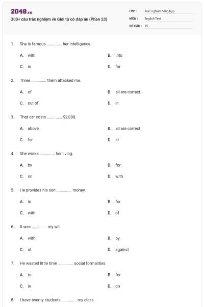 300+ câu trắc nghiệm về Giới từ có đáp án (Phần 23)