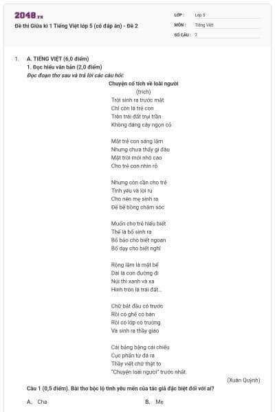 Đề thi Giữa kì 1 Tiếng Việt lớp 5 (có đáp án) - Đề 2