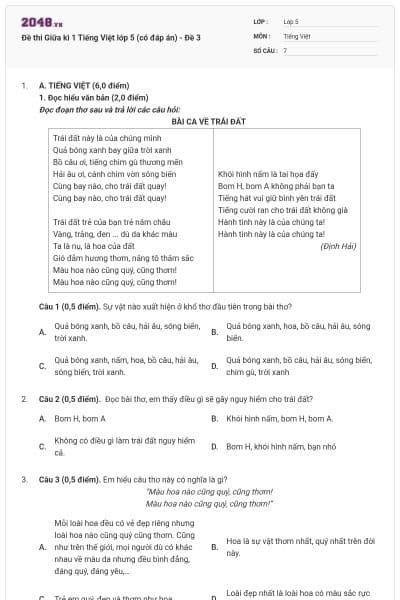 Đề thi Giữa kì 1 Tiếng Việt lớp 5 (có đáp án) - Đề 3