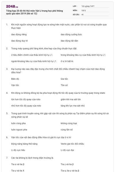 Tổng hợp 20 đề thi thử môn Vật Lí trung học phổ thông quốc gia năm 2019 (Đề số 12)