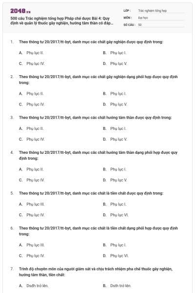500 câu Trắc nghiệm tổng hợp Pháp chế dược Bài 4: Quy định về quản lý thuốc gây nghiện, hướng tâm thần có đáp án