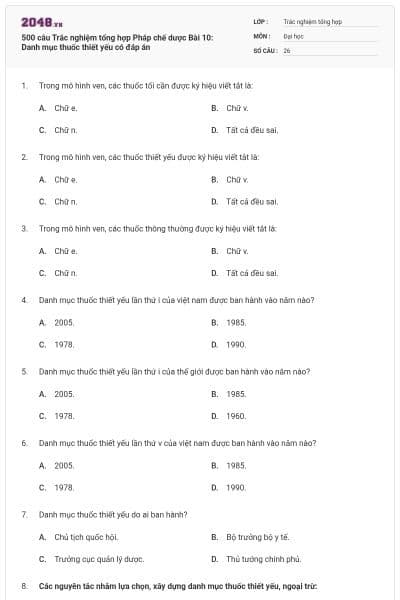500 câu Trắc nghiệm tổng hợp Pháp chế dược Bài 10: Danh mục thuốc thiết yếu có đáp án