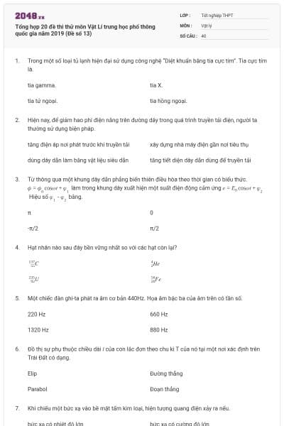Tổng hợp 20 đề thi thử môn Vật Lí trung học phổ thông quốc gia năm 2019 (Đề số 13)
