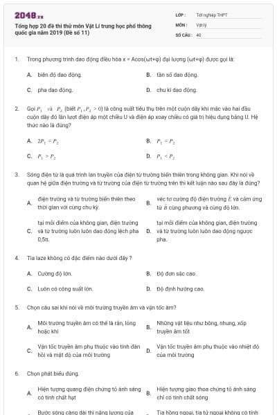 Tổng hợp 20 đề thi thử môn Vật Lí trung học phổ thông quốc gia năm 2019 (Đề số 11)