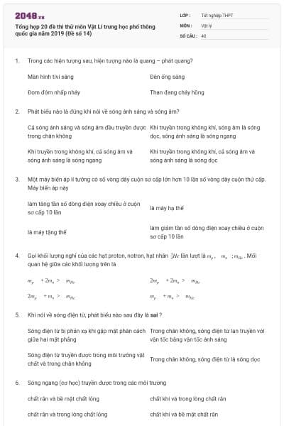 Tổng hợp 20 đề thi thử môn Vật Lí trung học phổ thông quốc gia năm 2019 (Đề số 14)