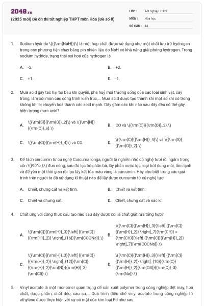 (2025 mới) Đề ôn thi tốt nghiệp THPT môn Hóa (Đề số 8)