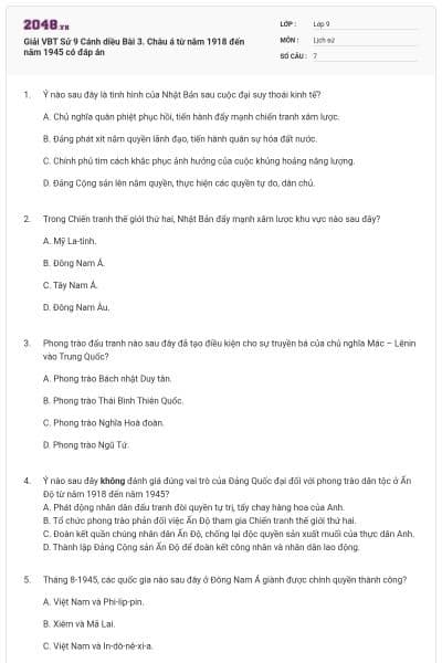 Giải VBT Sử 9 Cánh diều Bài 3. Châu á từ năm 1918 đến năm 1945 có đáp án