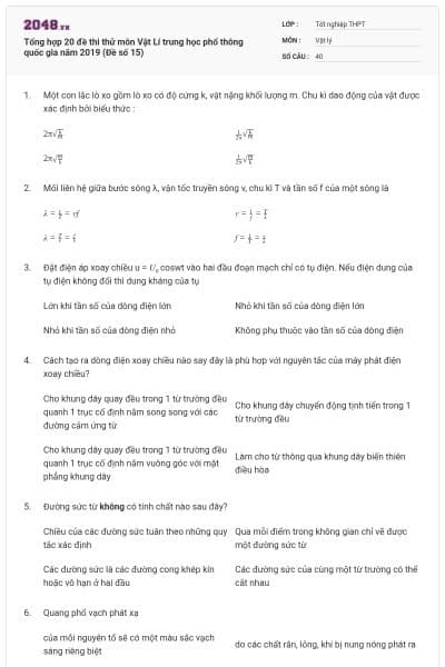 Tổng hợp 20 đề thi thử môn Vật Lí trung học phổ thông quốc gia năm 2019 (Đề số 15)