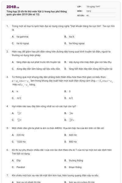 Tổng hợp 20 đề thi thử môn Vật Lí trung học phổ thông quốc gia năm 2019 (Đề số 13)