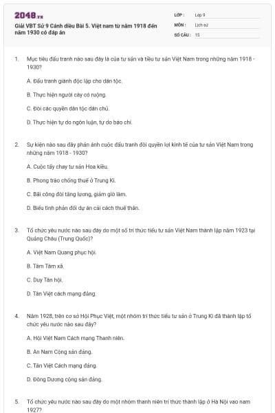 Giải VBT Sử 9 Cánh diều Bài 5. Việt nam từ năm 1918 đến năm 1930 có đáp án