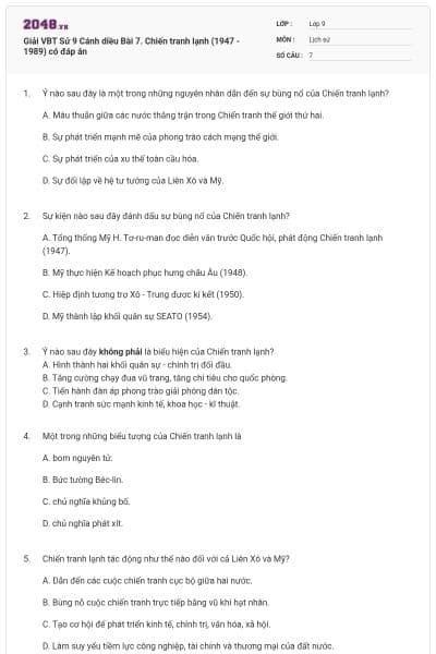 Giải VBT Sử 9 Cánh diều Bài 7. Chiến tranh lạnh (1947 - 1989) có đáp án