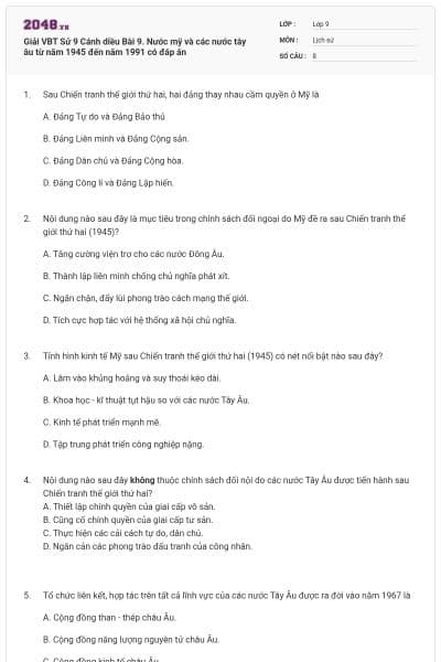 Giải VBT Sử 9 Cánh diều Bài 9. Nước mỹ và các nước tây âu từ năm 1945 đến năm 1991 có đáp án