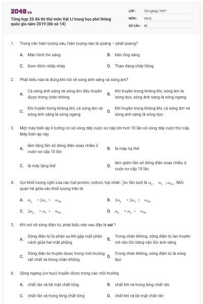 Tổng hợp 20 đề thi thử môn Vật Lí trung học phổ thông quốc gia năm 2019 (Đề số 14)