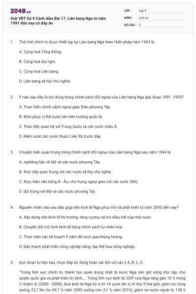 Giải VBT Sử 9 Cánh diều Bài 17. Liên bang Nga từ năm 1991 đến nay có đáp án