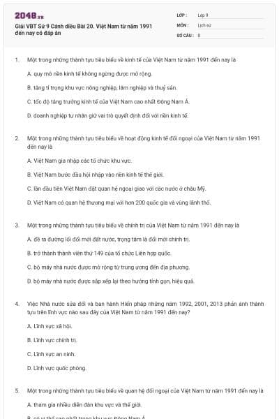 Giải VBT Sử 9 Cánh diều Bài 20. Việt Nam từ năm 1991 đến nay có đáp án