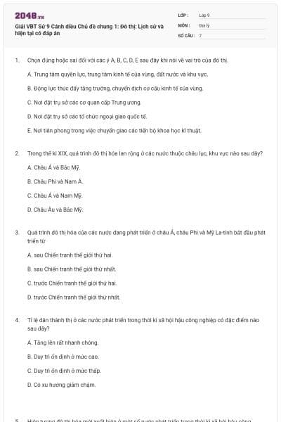 Giải VBT Sử 9 Cánh diều Chủ đề chung 1: Đô thị: Lịch sử và hiện tại có đáp án