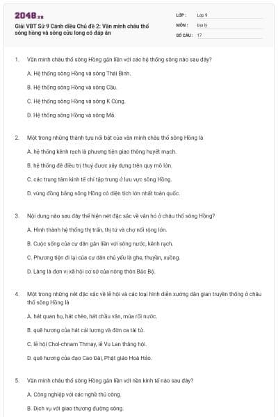 Giải VBT Sử 9 Cánh diều Chủ đề 2: Văn minh châu thổ sông hồng và sông cửu long có đáp án