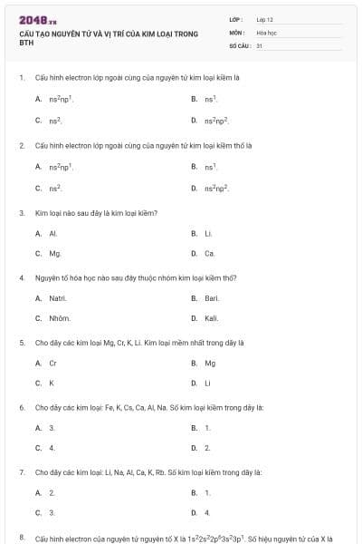 CẤU TẠO NGUYÊN TỬ VÀ VỊ TRÍ CỦA KIM LOẠI TRONG BTH